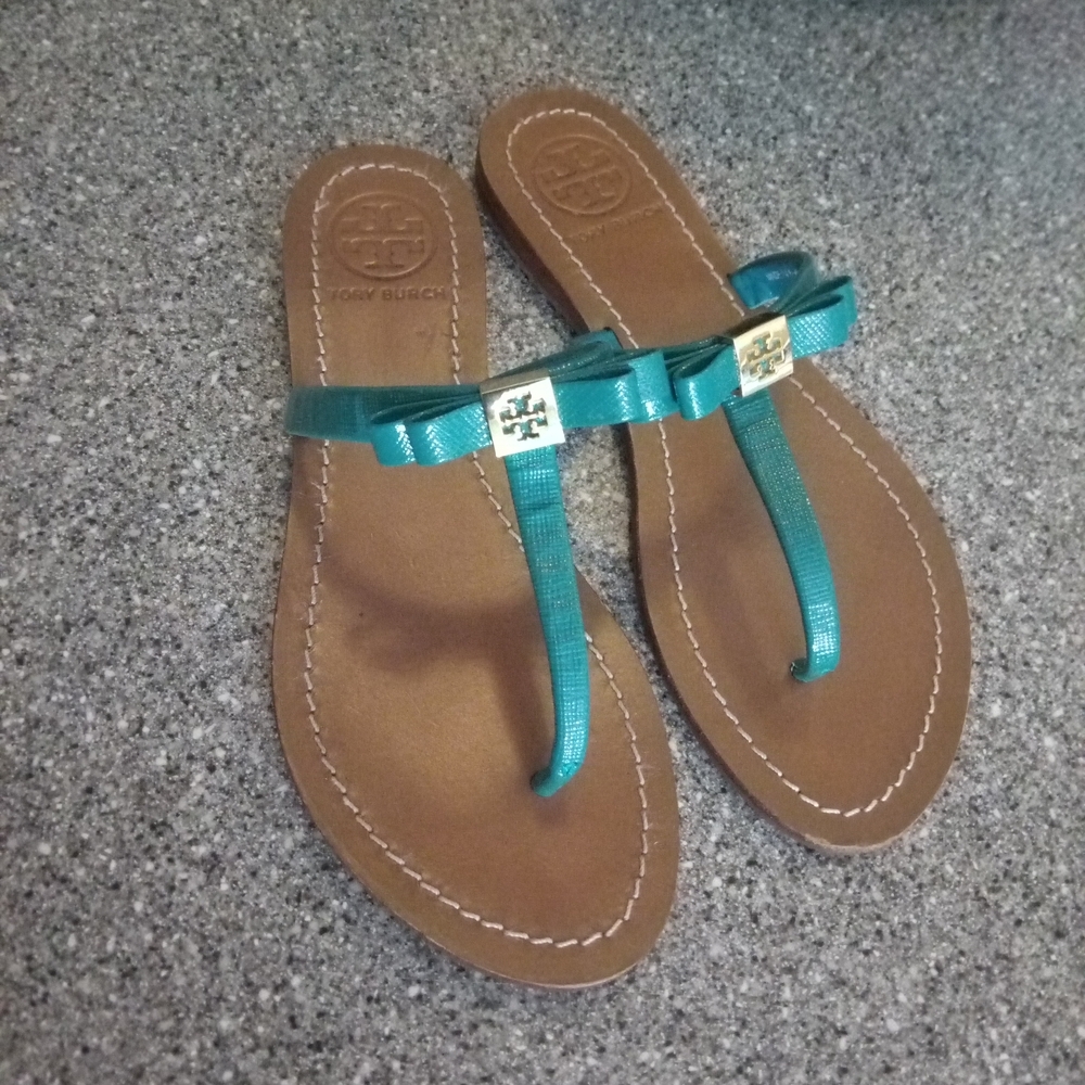Tory Burch Teal Satin Sandals with Adjustable Straps
